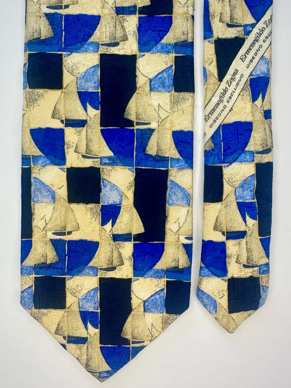 ERMENGILDO ZEGNA Blue & Cream Luxury Silk Classic Sailboat Silk Tie, 3.75”